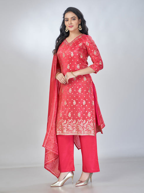 Amchoor Fuchsia Shimmer Jacqurd Gold Print Kurta Sets For Womens