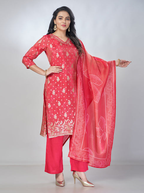 Amchoor Fuchsia Shimmer Jacqurd Gold Print Kurta Sets For Womens