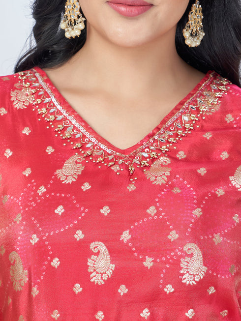 Amchoor Fuchsia Shimmer Jacqurd Gold Print Kurta Sets For Womens