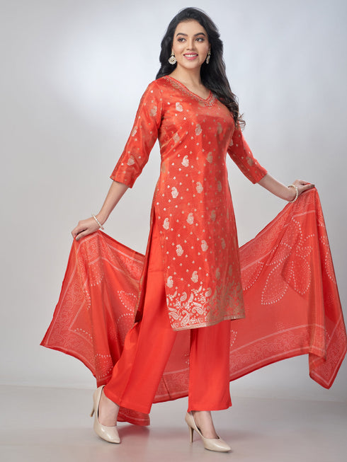 Amchoor Red Shimmer Jacqurd Gold Print Kurta Sets For Womens