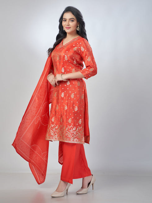 Amchoor Red Shimmer Jacqurd Gold Print Kurta Sets For Womens