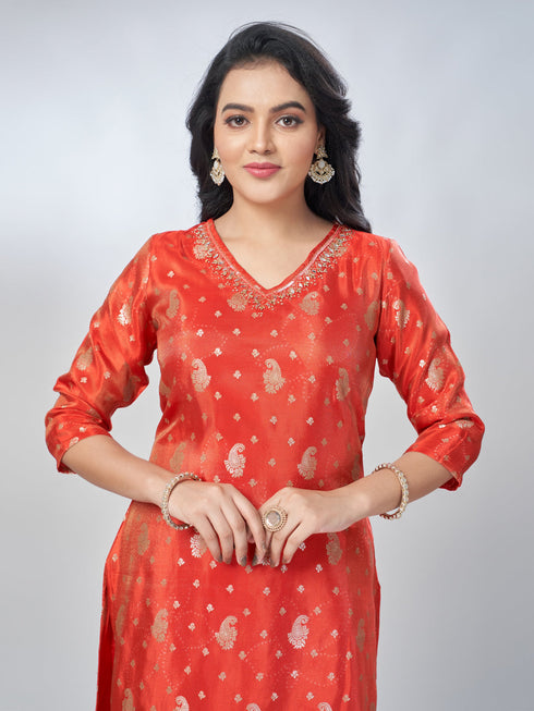 Amchoor Red Shimmer Jacqurd Gold Print Kurta Sets For Womens