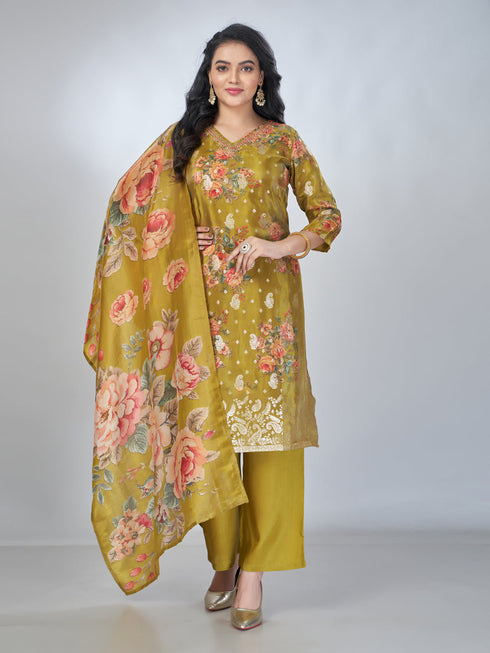 Amchoor Green Shimmer Jacqurd Floral Kurta Sets For Womens