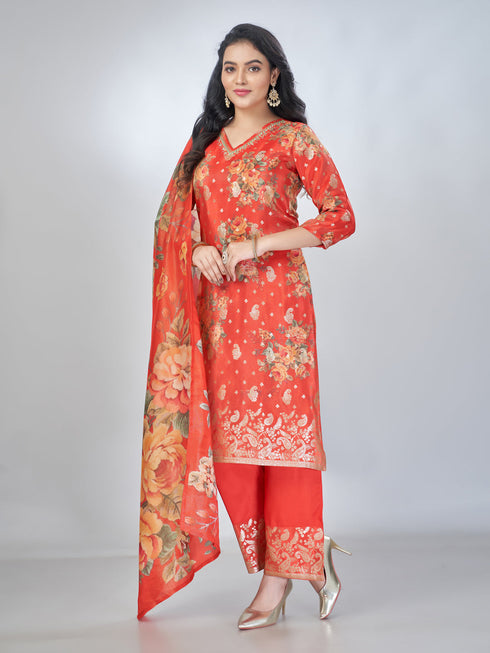 Amchoor Red Shimmer Jacqurd Floral Kurta Sets For Womens