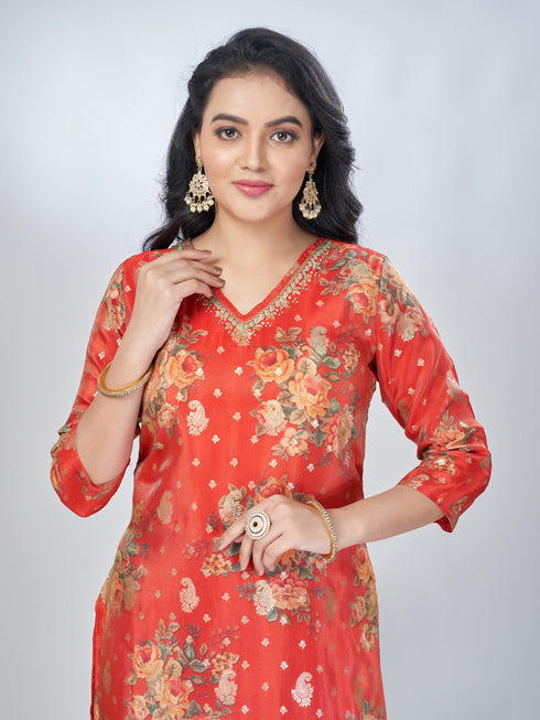 Amchoor Red Shimmer Jacqurd Floral Kurta Sets For Womens