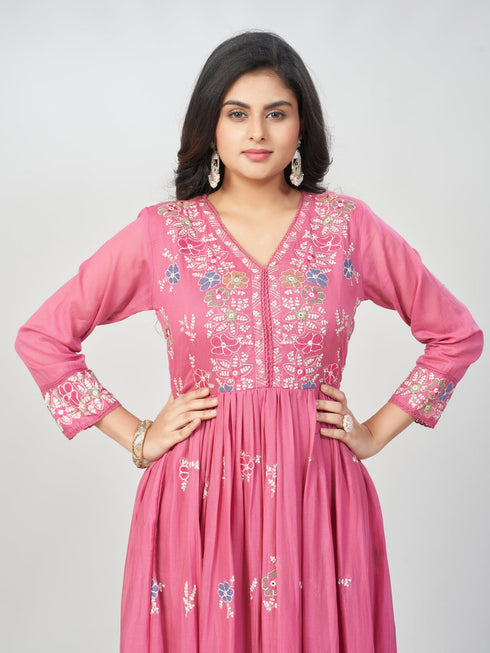 Amchoor Mauve Cotton Embroidered Kurti Set for Womens