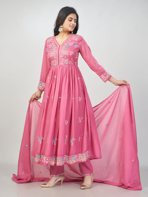 Amchoor Mauve Cotton Embroidered Kurti Set for Womens