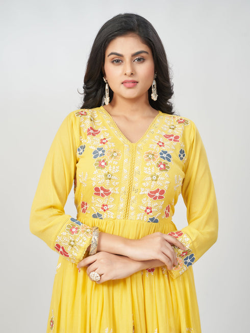Amchoor Yellow Cotton Embroidered Kurti Set for Womens