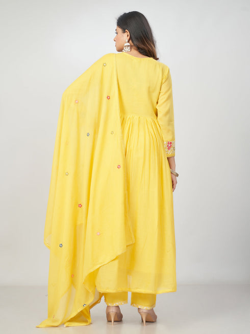 Amchoor Yellow Cotton Embroidered Kurti Set for Womens