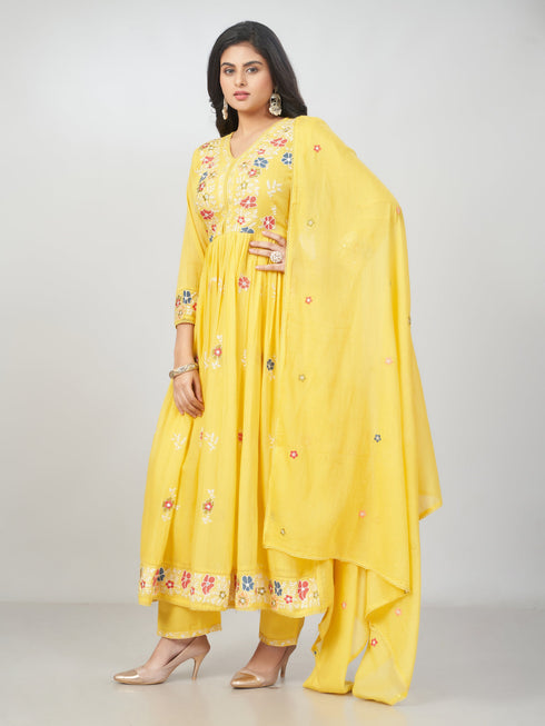 Amchoor Yellow Cotton Embroidered Kurti Set for Womens