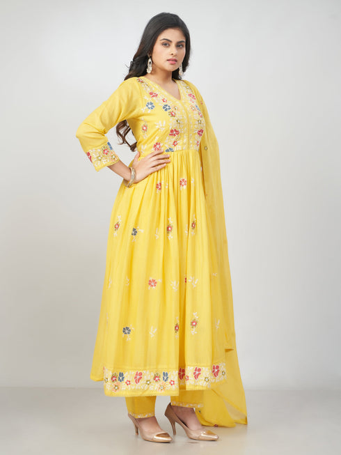 Amchoor Yellow Cotton Embroidered Kurti Set for Womens