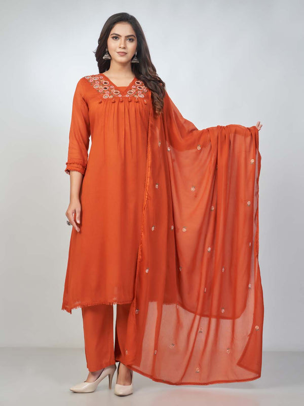 Amchoor Rust Cotton Solid Kurta Sets for Womens
