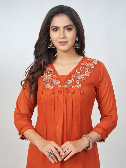 Amchoor Rust Cotton Solid Kurta Sets for Womens