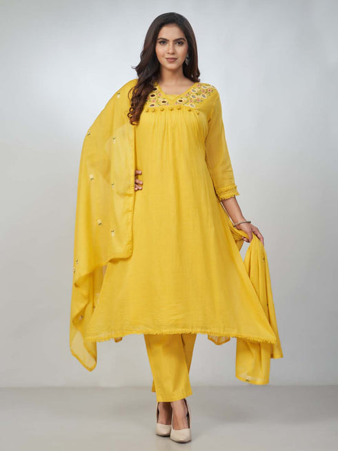 Amchoor Yellow Cotton Solid Kurta Sets for Womens