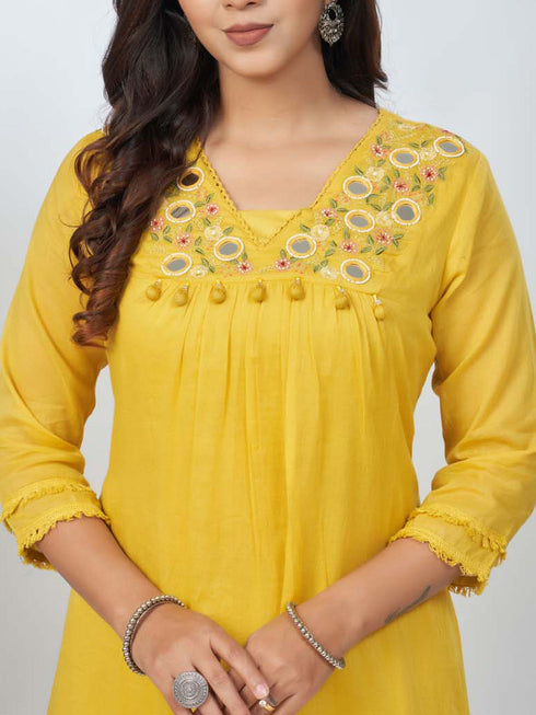 Amchoor Yellow Cotton Solid Kurta Sets for Womens