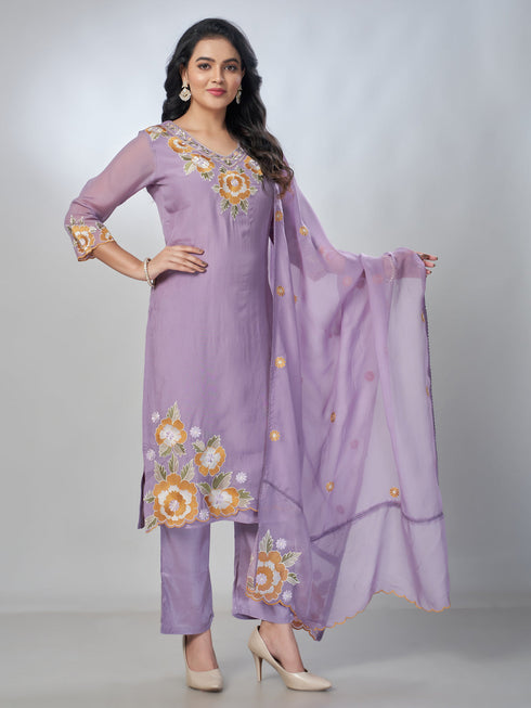 Amchoor Purple Organza Floral Kurta Sets For Womens
