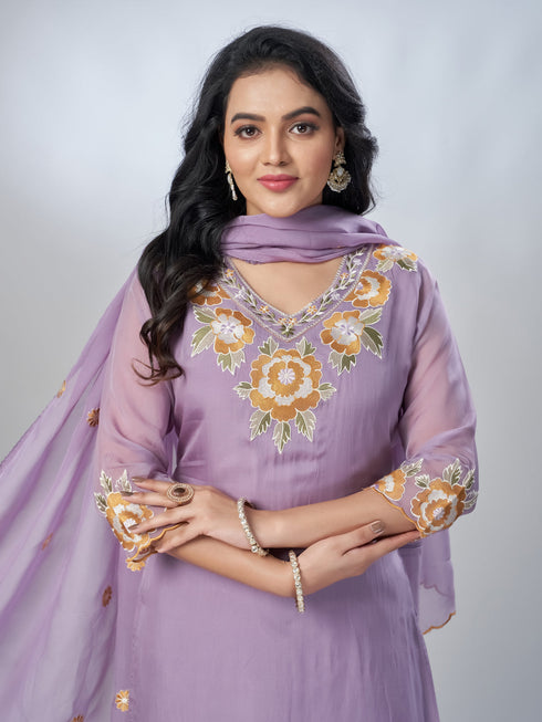 Amchoor Purple Organza Floral Kurta Sets For Womens