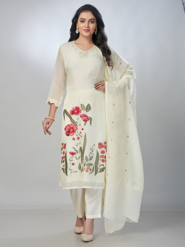 Amchoor Cream Organza Embroidered Kurta Sets For Womens