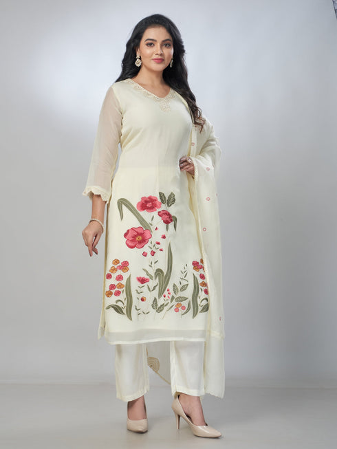 Amchoor Cream Organza Embroidered Kurta Sets For Womens