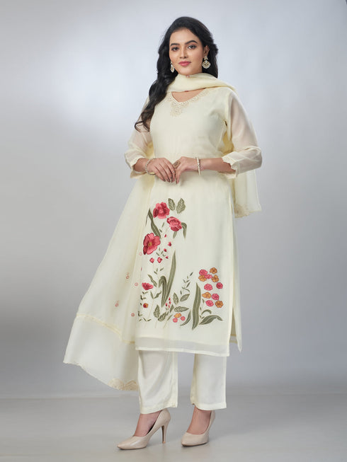 Amchoor Cream Organza Embroidered Kurta Sets For Womens