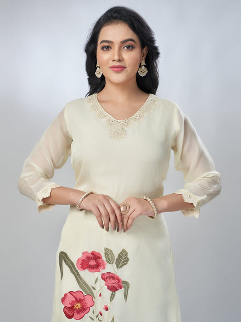 Amchoor Cream Organza Embroidered Kurta Sets For Womens