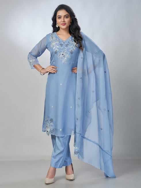 Amchoor Grey Organza Floral Kurta Sets For Womens