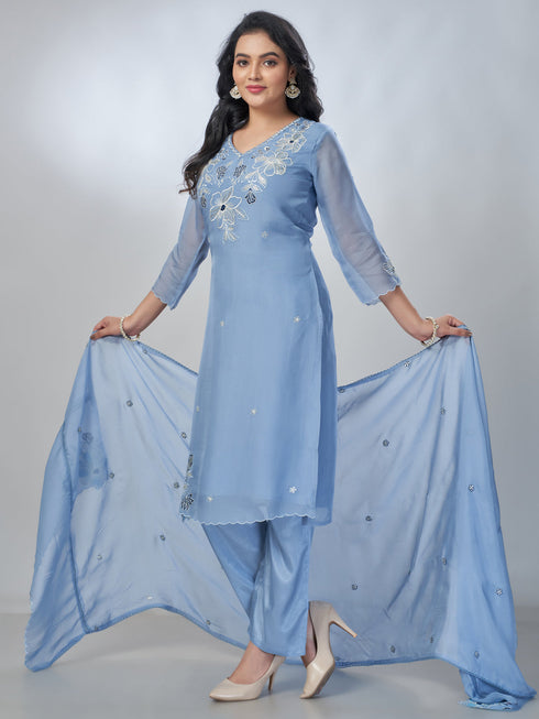 Amchoor Grey Organza Floral Kurta Sets For Womens