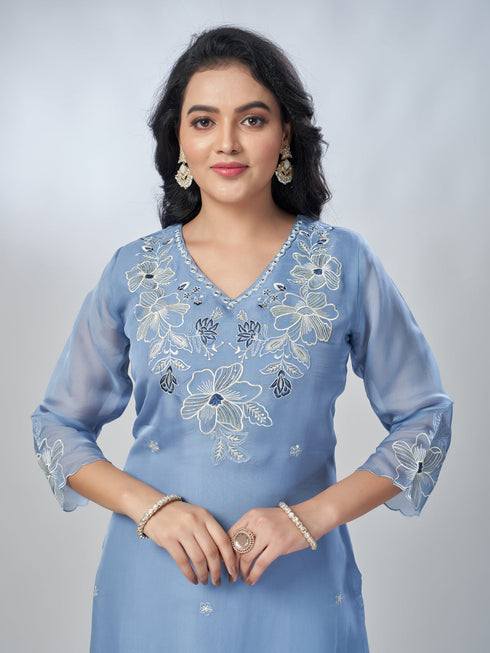 Amchoor Grey Organza Floral Kurta Sets For Womens