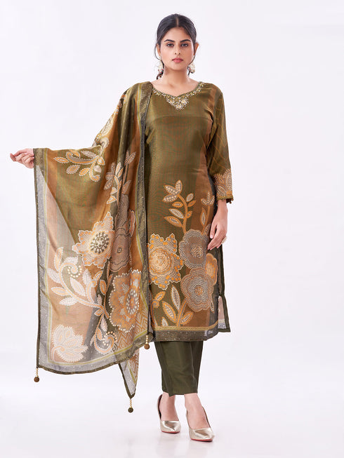 Amchoor Olive Tissue Bandhani Kurti Set for Womens