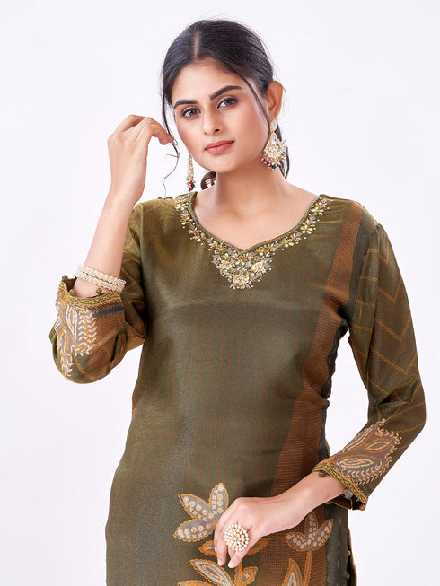 Amchoor Olive Tissue Bandhani Kurti Set for Womens