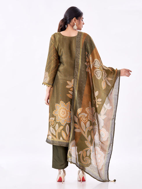 Amchoor Olive Tissue Bandhani Kurti Set for Womens