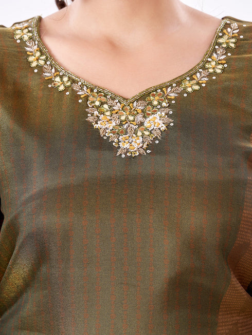 Amchoor Olive Tissue Bandhani Kurti Set for Womens