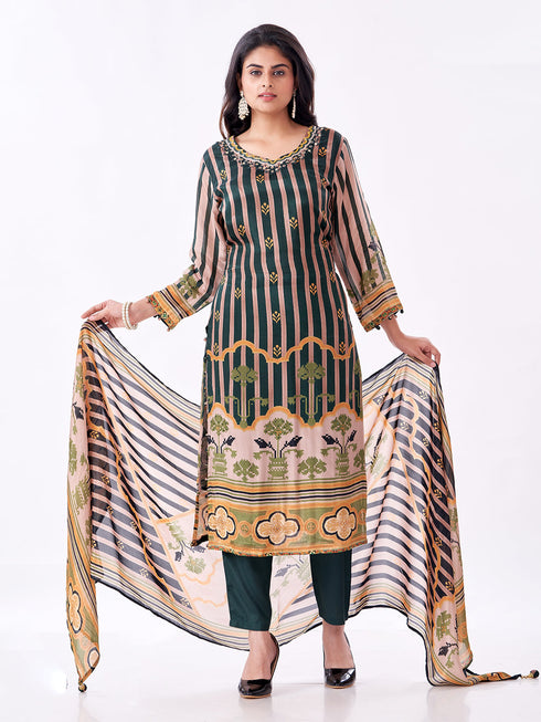 Amchoor Green Raw silk Digital Prints Kurti Set for Womens