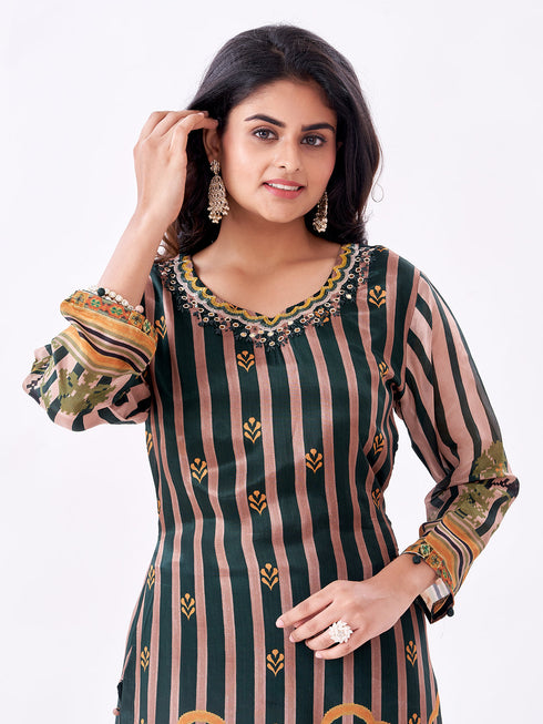 Amchoor Green Raw silk Digital Prints Kurti Set for Womens
