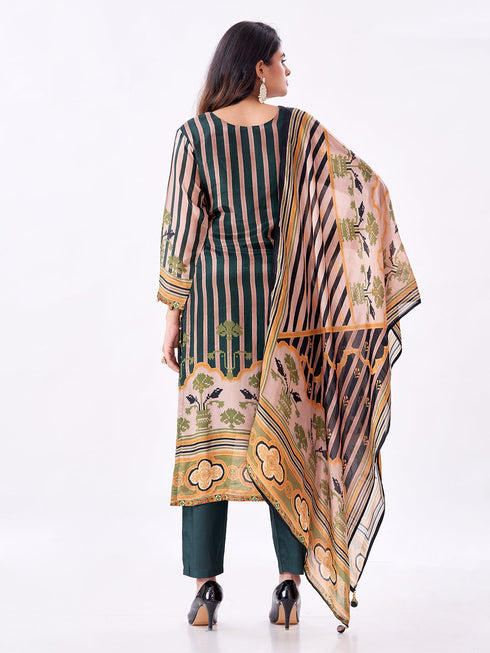 Amchoor Green Raw silk Digital Prints Kurti Set for Womens