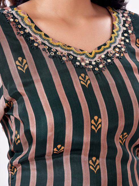 Amchoor Green Raw silk Digital Prints Kurti Set for Womens