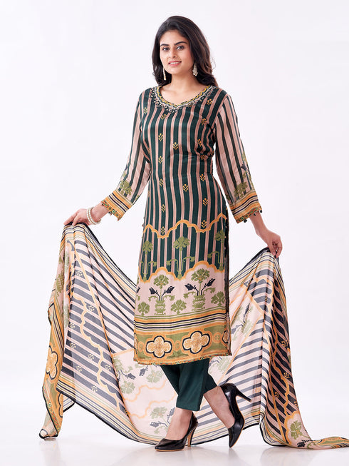 Amchoor Green Raw silk Digital Prints Kurti Set for Womens
