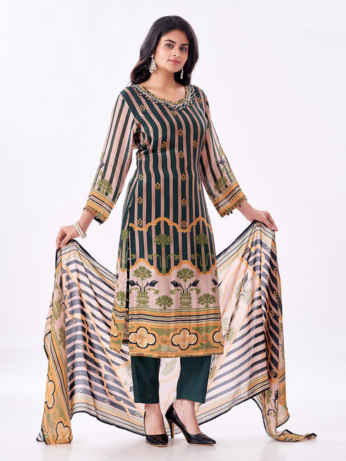 Amchoor Green Raw silk Digital Prints Kurti Set for Womens