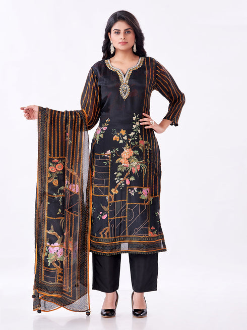 Amchoor Black Silk Floral Kurti Set for Womens