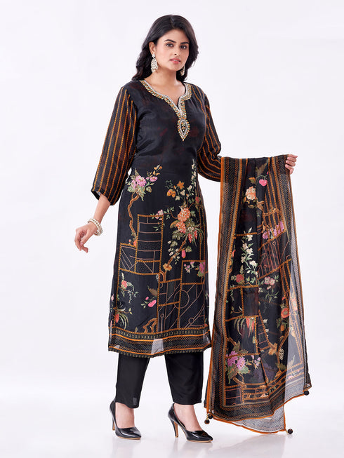 Amchoor Black Silk Floral Kurti Set for Womens