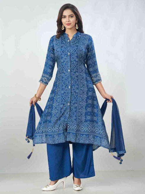 Amchoor Blue Russian Silk Bandhani Kurta Sets For Womens