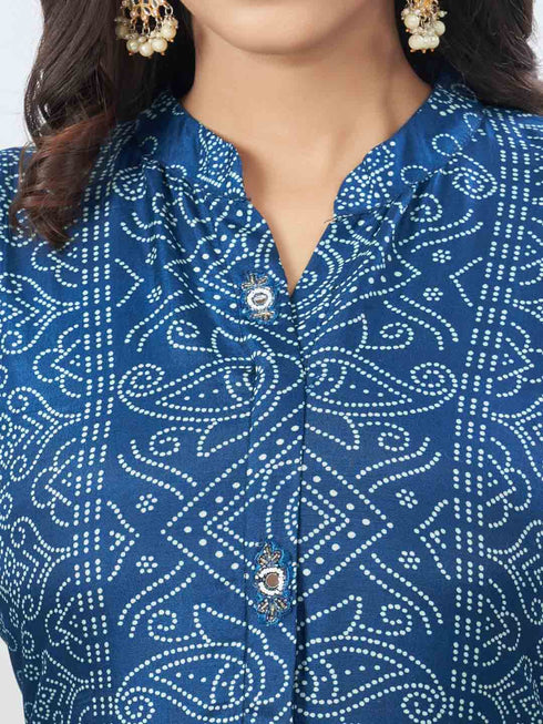 Amchoor Blue Russian Silk Bandhani Kurta Sets For Womens