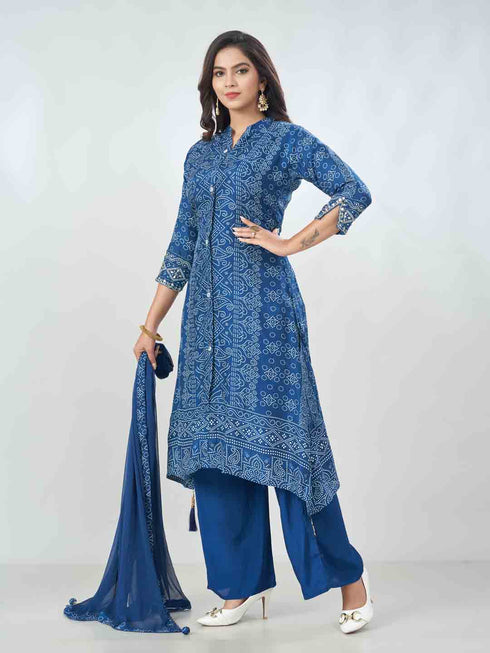 Amchoor Blue Russian Silk Bandhani Kurta Sets For Womens