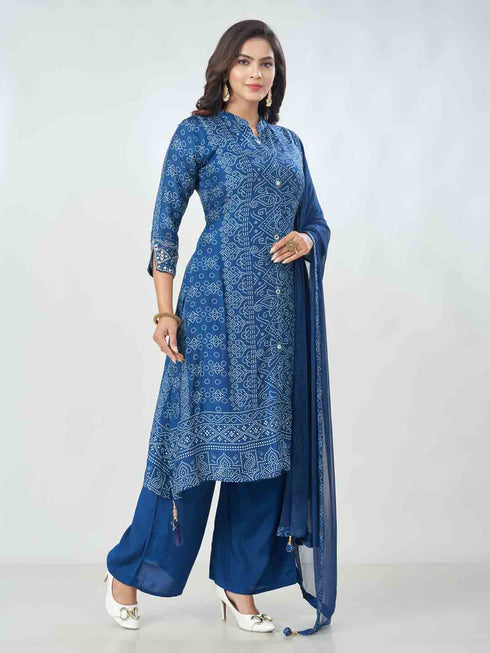Amchoor Blue Russian Silk Bandhani Kurta Sets For Womens