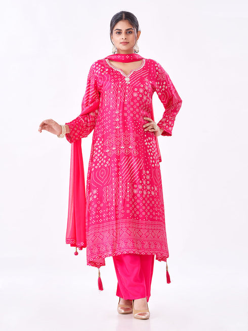Amchoor Pink Russian Silk Bandhani Kurti Set for Womens
