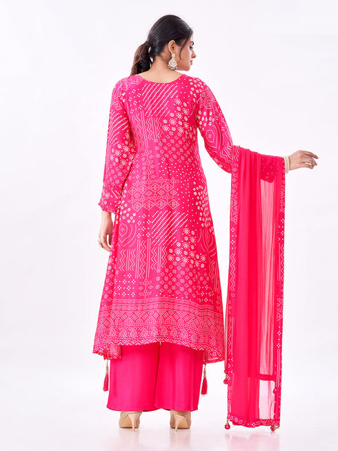 Amchoor Pink Russian Silk Bandhani Kurti Set for Womens