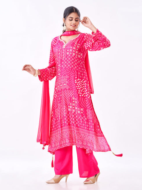 Amchoor Pink Russian Silk Bandhani Kurti Set for Womens