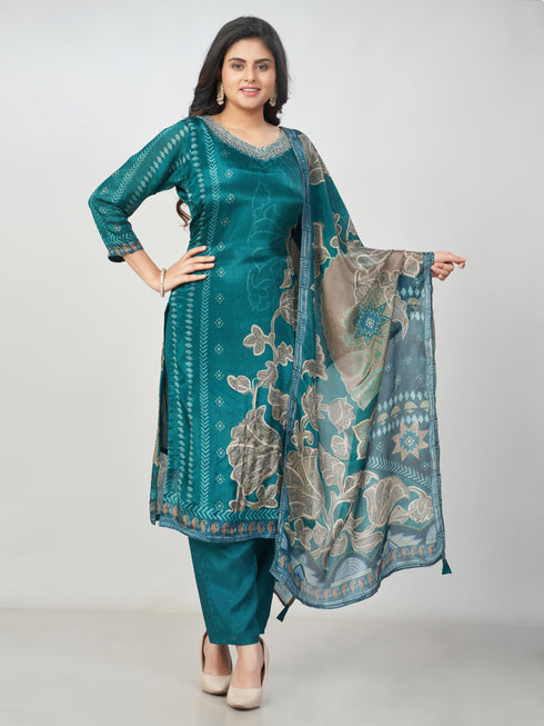 Amchoor Teal SILK Digital Prints Kurti Set for Womens