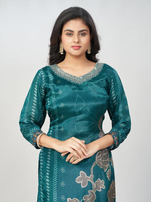 Amchoor Teal SILK Digital Prints Kurti Set for Womens
