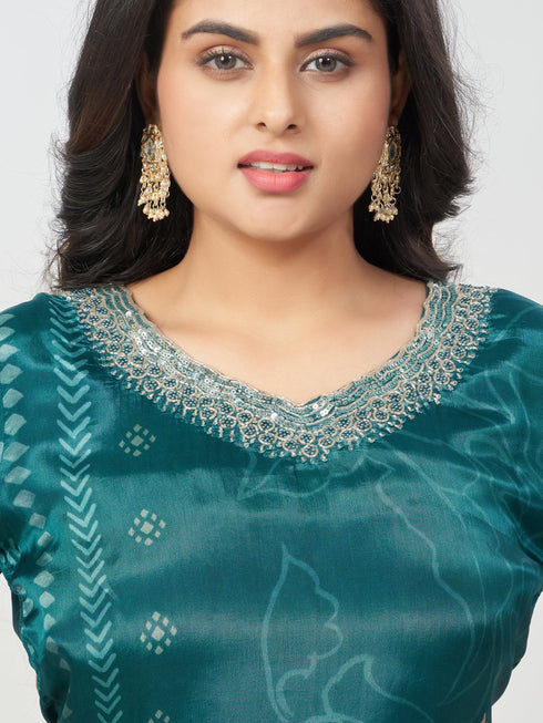 Amchoor Teal SILK Digital Prints Kurti Set for Womens